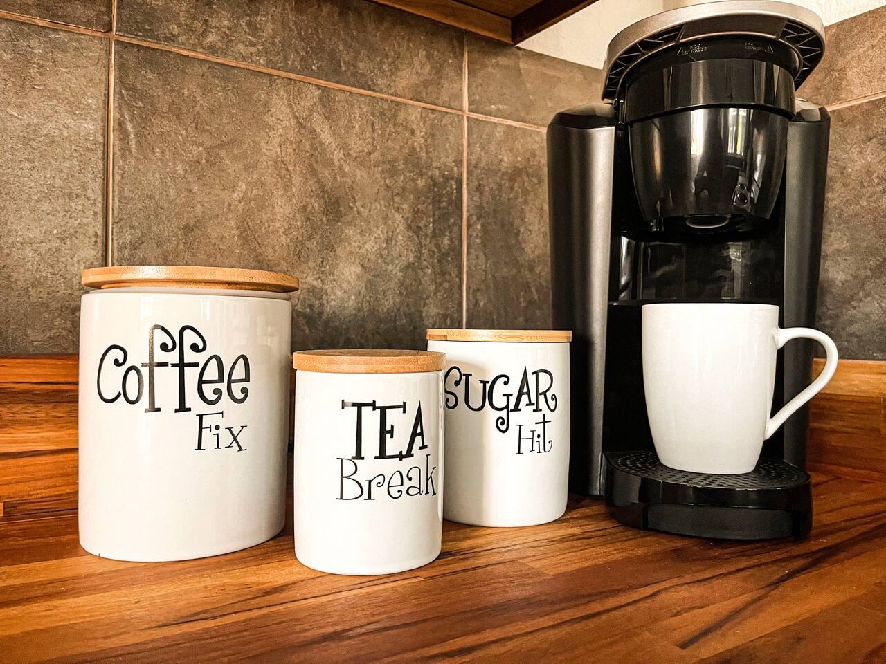 Coffee station with a single-serve coffee maker, coffee, tea and sugar