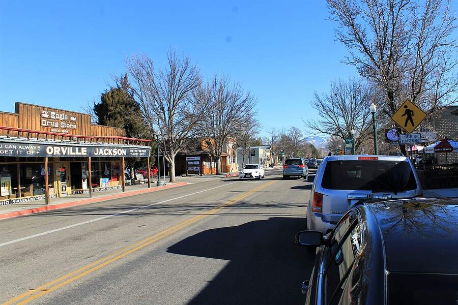 Historic storefronts along State Street in downtown Eagle, Idaho