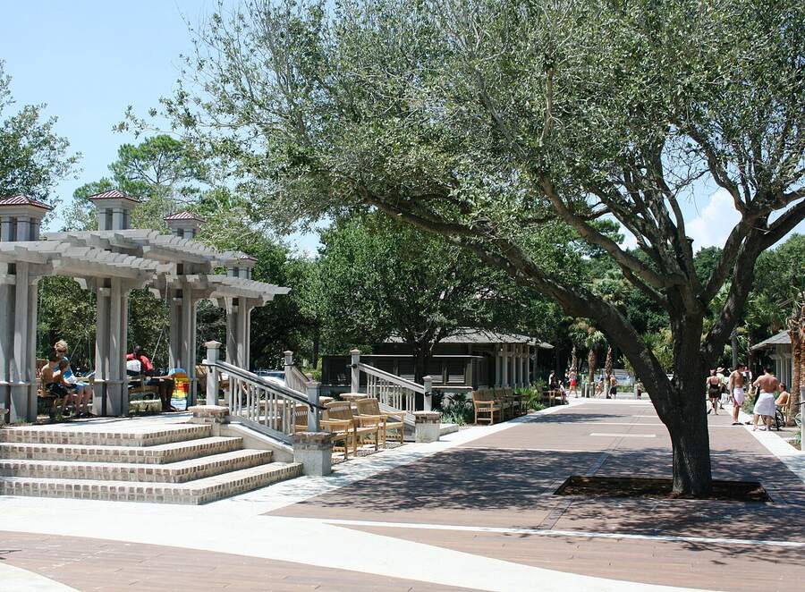 Shaded swings and boardwalk at Coligny Beach Park on Hilton Head Island