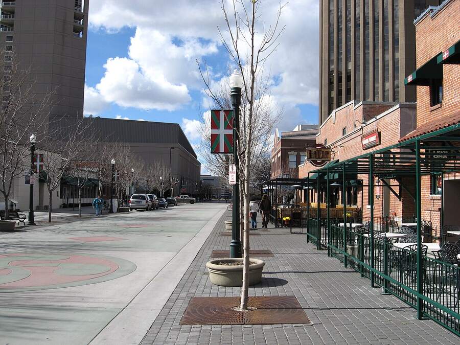 Patios and the Basque flag along the Basque Block in downtown Boise