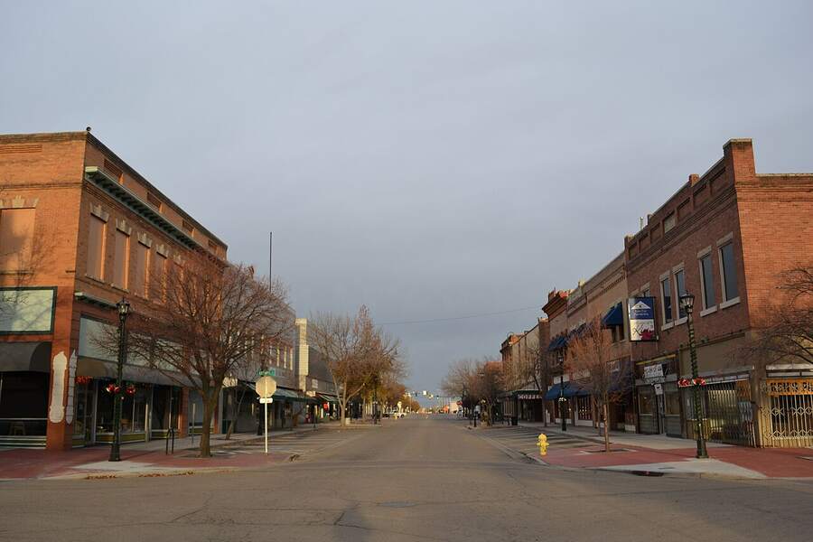 Brick storefronts along a street in the Nampa Historic District