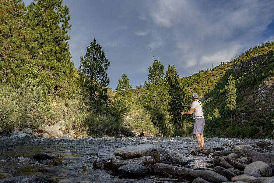 Angler casting in the South Fork Payette River in Boise National Forest