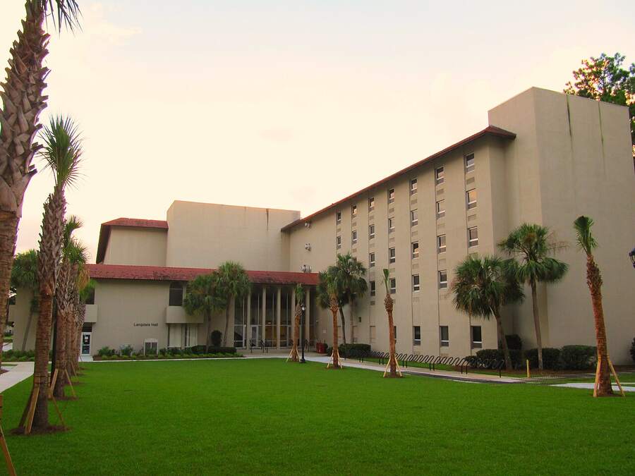 Palm trees and lawn in front of Langdale Hall at Valdosta State University